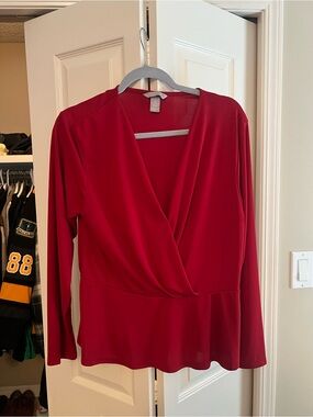 H&M Red Surplice Wrap-Front Long Sleeve Blouse